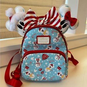 Christmas Mickey and Minnie Snowman Loungefly Backpack with Ears